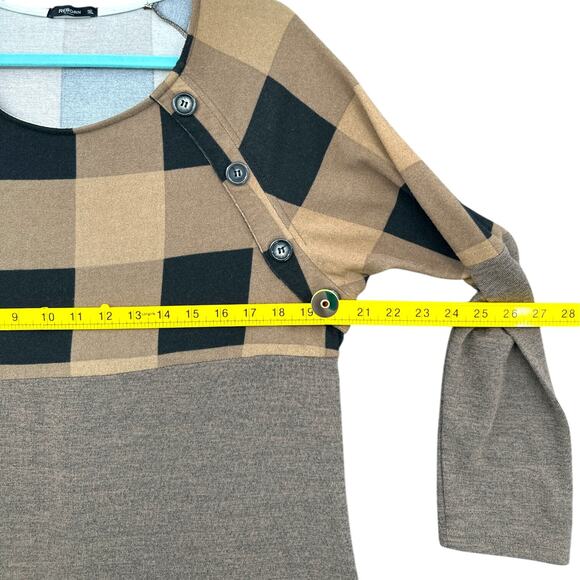 Reborn Brown Black Plaid Pattern Button Detail Long Sleeve Color Block Tunic 1XL - Picture 7 of 8